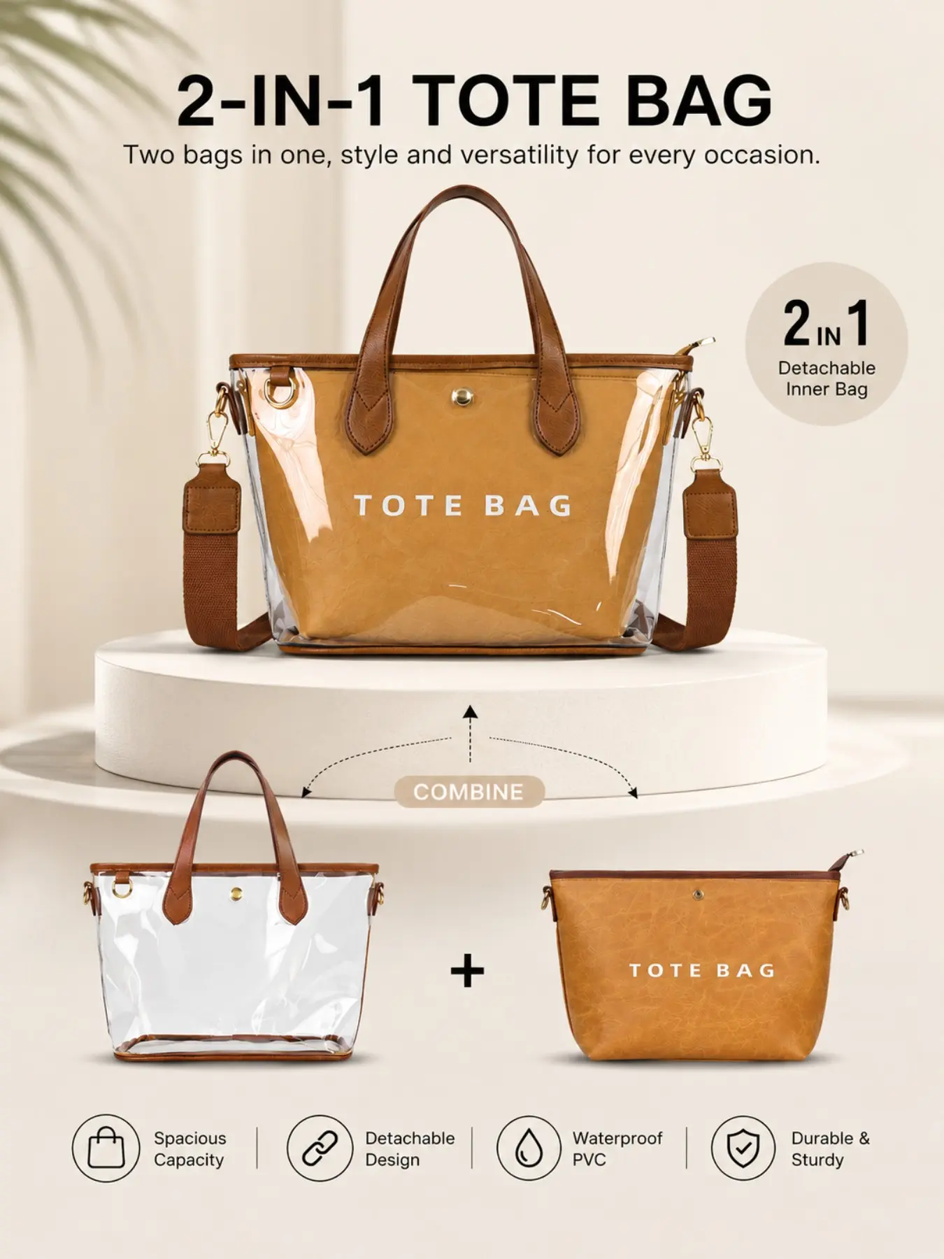Fashion Simple Letter Tote Bag 2-In-1 PVC Transparent Waterproof Women's Crossbody Shoulder Bag, Casual Crossbody Bag, Detachable Inner Pocket, Perfect for Vacation