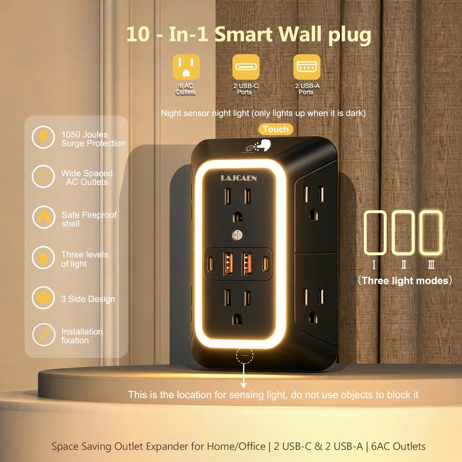 Outlet Extender Multifunctional Power Strip with Night Light, Power Strips with USB Ports, 6 AC Surge Protector Outlets with 4 USB Ports (2 USB C), 3-Sided 1050J Multi Plug Wall Outlet , Spaced Outlets for Home Travel Office Power Socket Extender(Black)