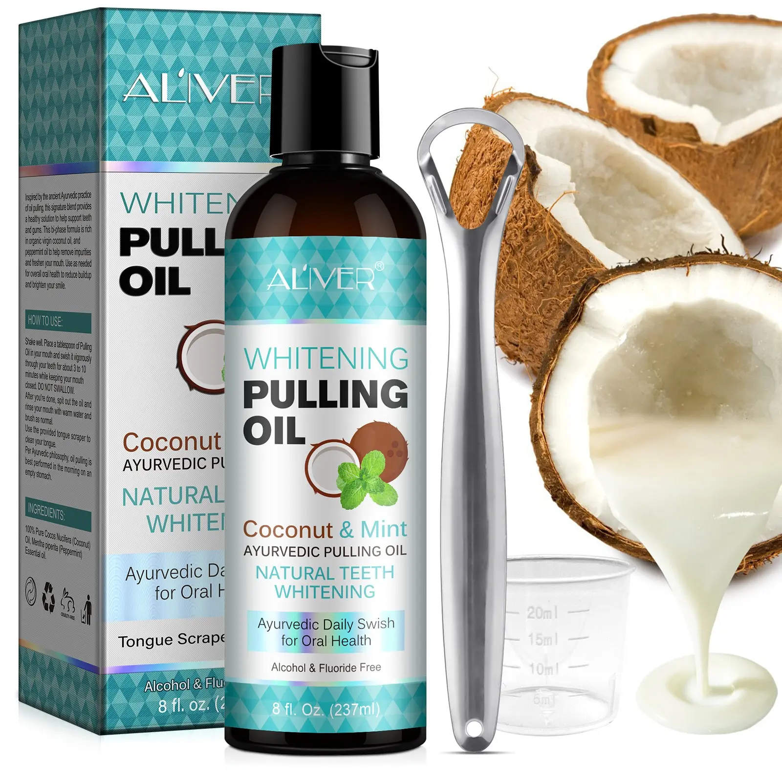 Aliver Coconut Oil Mint Mouthwash 237mL, Natural Oral Care, Fresh Breath, Includes Tongue Scrubber and Measuring Cup, Alcohol-Free, Fluoride-Free, Mint Oral Rinse