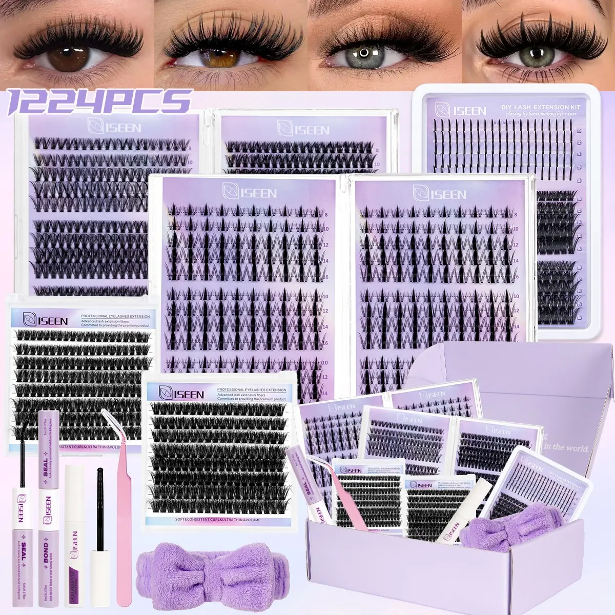 1224pcs Lash Clusters Kit, Eyelash Extensions 8-16 mm D Curl 30D/40D/50D/80D/100D/Manga/Spiky Natural Volume Individual Eyelashes Book Set with Bond & Seal, Hairband and Tweezers, Perfect for DIY at Home for Women and Beginners