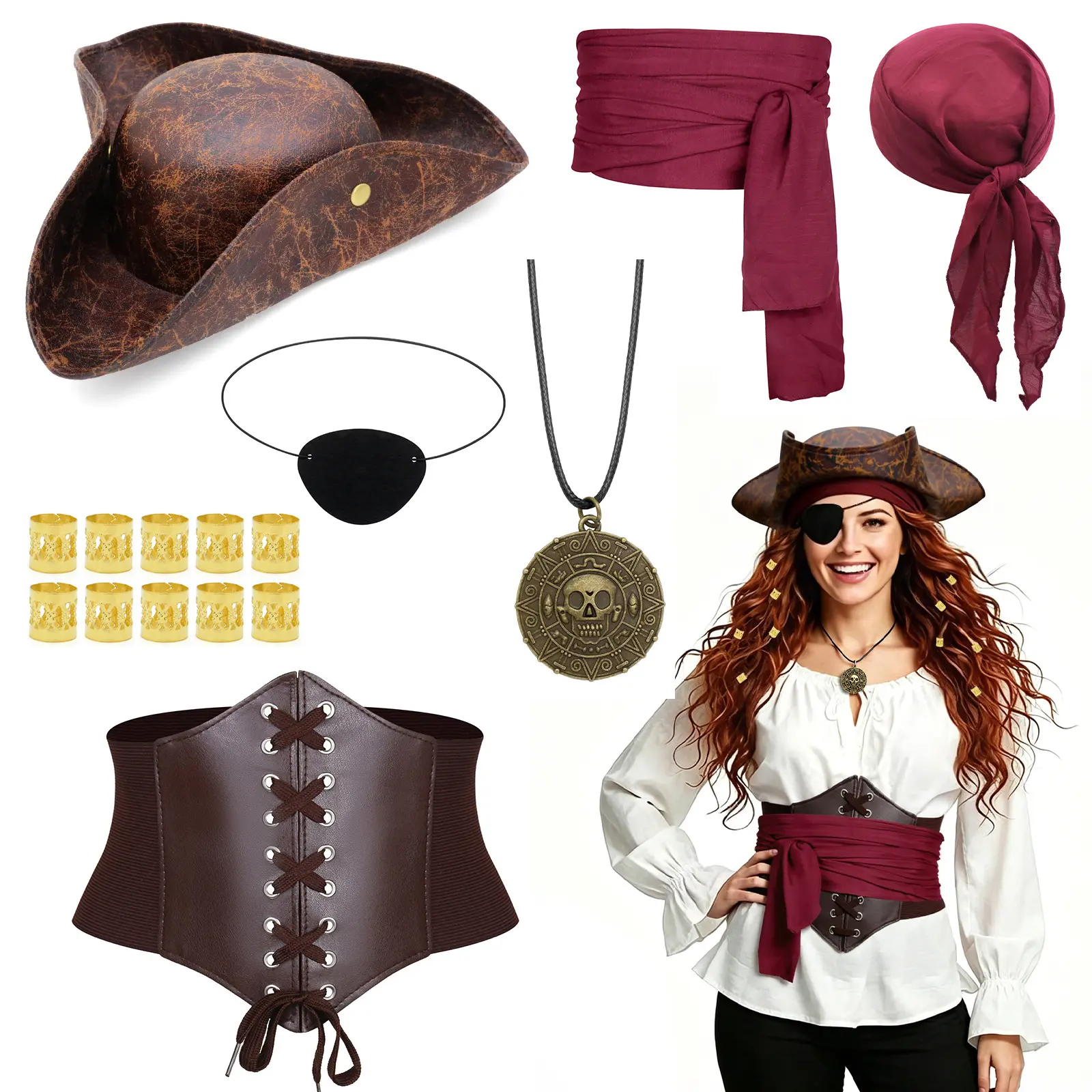 Viral Distressed Tricorn Hat Corset Belt Pirate Cosplay Accessory Lightweight Durable Styling Prop For Halloween Theme Party Dress Up Event