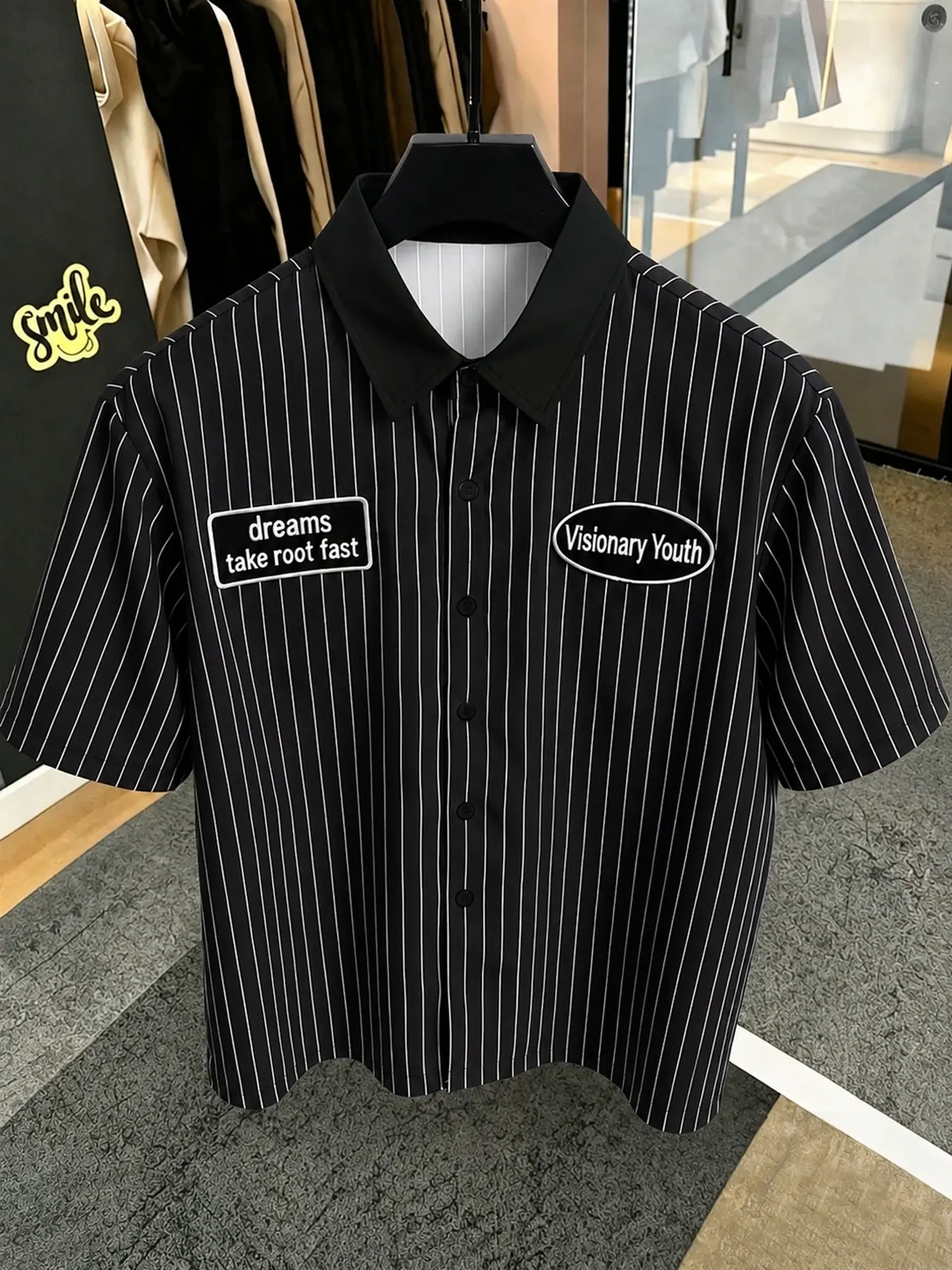 Men's Summer Bestseller Colorblock Collar Vertical Stripe Short Sleeve Shirt, Retro Workwear Style, Loose Fit, Casual Daily Wear, Striped
