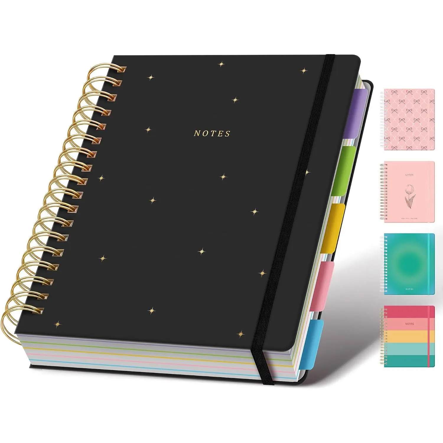 Hardcover Spiral Notebook Journal for Women & Men, Cute 5 Subject Notebook College Ruled for School & Work, Black Journaling Notebooks with Removable Dividers Tabs, 8" x 10", 300 Pages, Night Stars