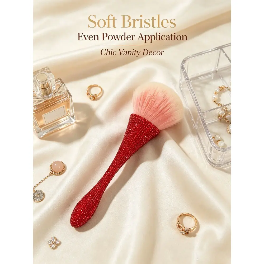 1pc Bling Red Rhinestone Waist-shaped Powder Brush Ultra Fluffy Gradient Pink Synthetic Bristles Multi-use For Loose Powder Blush Highlight Luxury Decorative Facial Makeup Tool