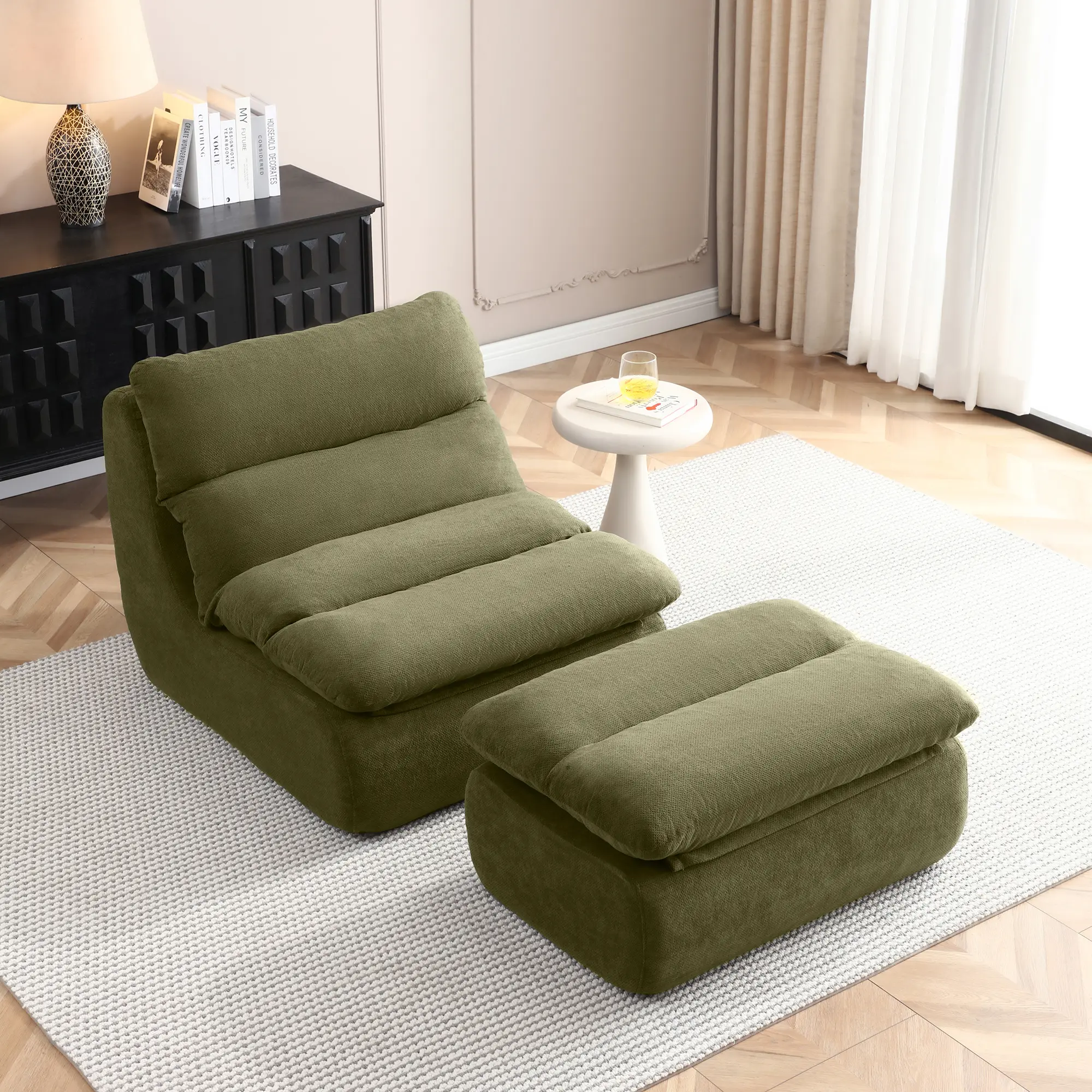 ARCH 32 Inch Bean Bag Chair with Ottoman, Big Chaise Lounge Chairs for Adults, Tufted Upholstered Lazy Sofa for Living Room, Bedroom, Green, Living Room Furniture for Apartment, Lounge, Family Room, Office and Home Seating, Sofa Couch Seating