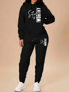 2 Pieces Womrn Sets Spring Fall Fashion Casual Home Outdoor Fitness Letter Print Women Long Sleeve Hooded Sweatshirt with Pockets + Pants Set Tracksuit