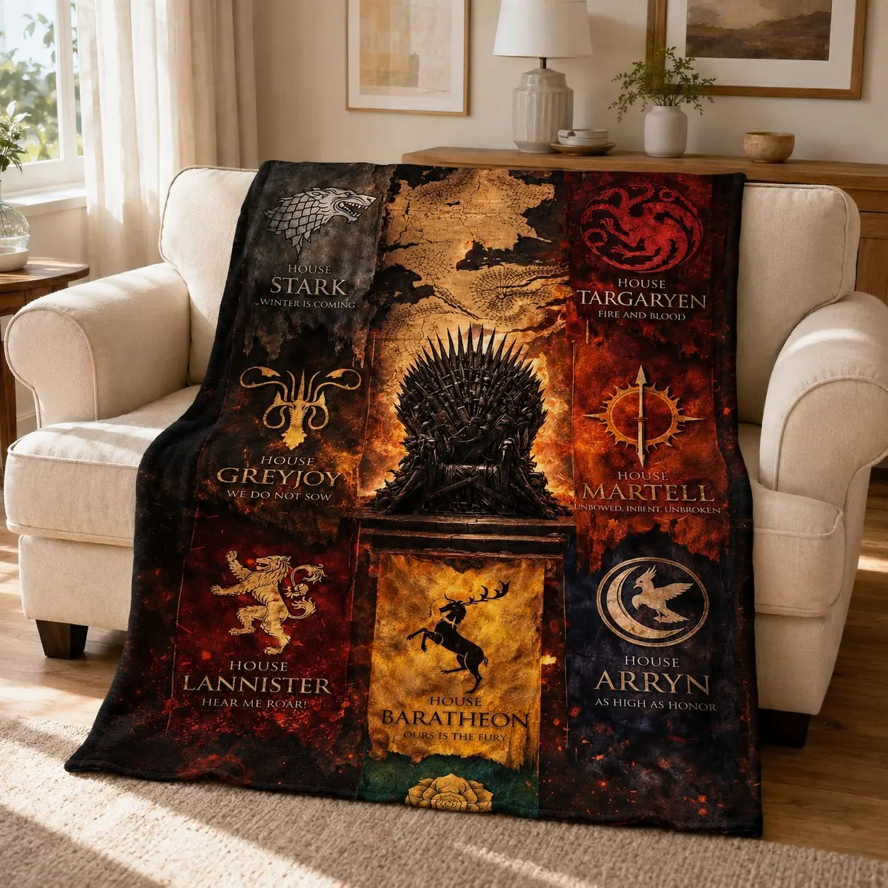 Game of Thrones Throw Blanket, Iron Throne House Sigils, Soft Flannel, Flannel Throw Blankets, Westeros Fantasy, Sofa Bed Throw, Cozy and Durable Design, Graphic Throw Blanket