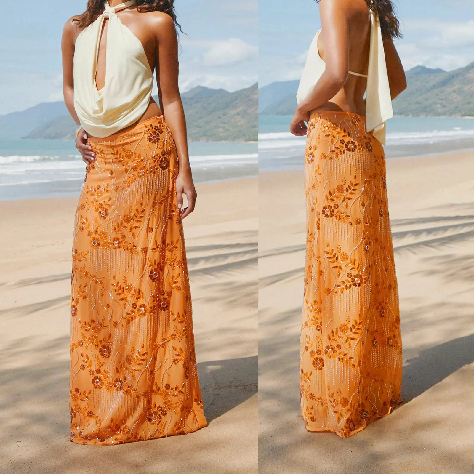 Women Summer Skirt Casual Elegant Sequin Floral Embroidery Long Skirt for Beach Vacation Club Streetwear