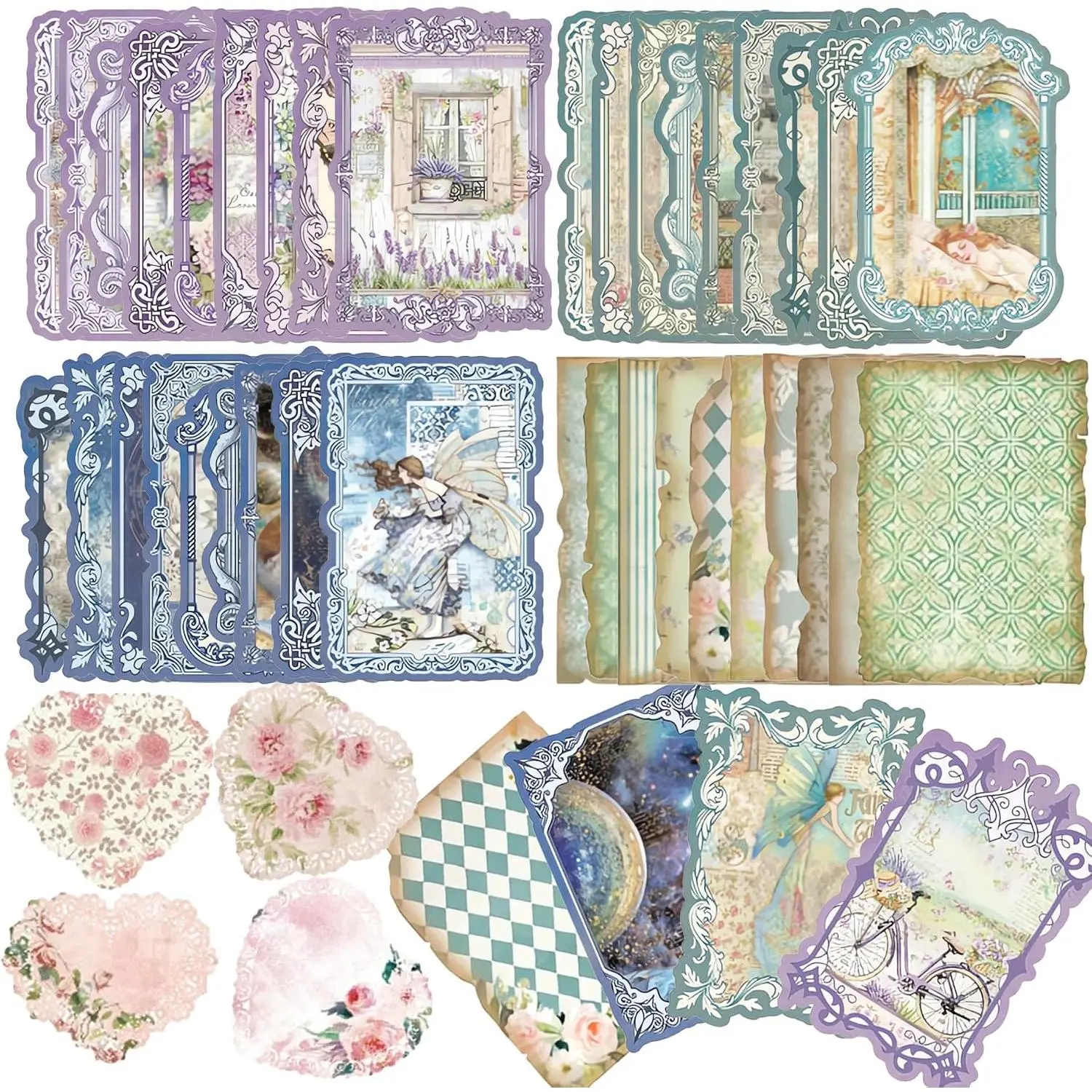 Acid-Free Scrapbook Stationery Paper Pack - 90-Count, 3.9x5.5in Cut Frames Decoupage Paper for Beginner Crafting, Modern Junk Journal Supplies, Collage Background (Floral, Fantasy)