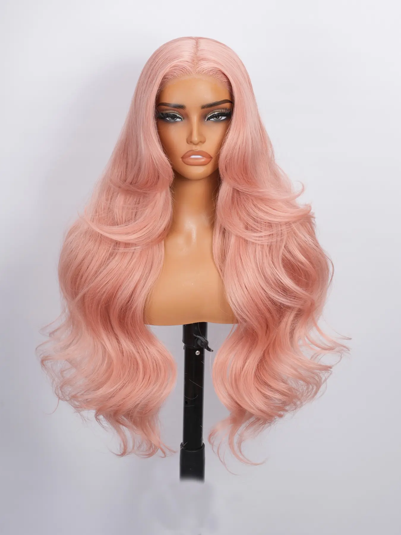 T-Part Lace Front Wig 28 Inch Body Wave Layered Wig Synthetic Hair Pre Plucked Pre Cut Natural Hairline Pink Color Wavy Cosplay Costume Wig for Women
