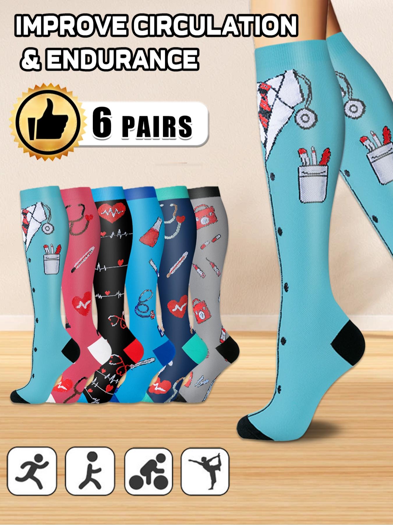 6 pairs of men's and women's compression socks wide calf booster socks, for circulation, running, nurses, pregnant women, various colour patterns available, gift for nurse doctor, Sports Athletic Socks