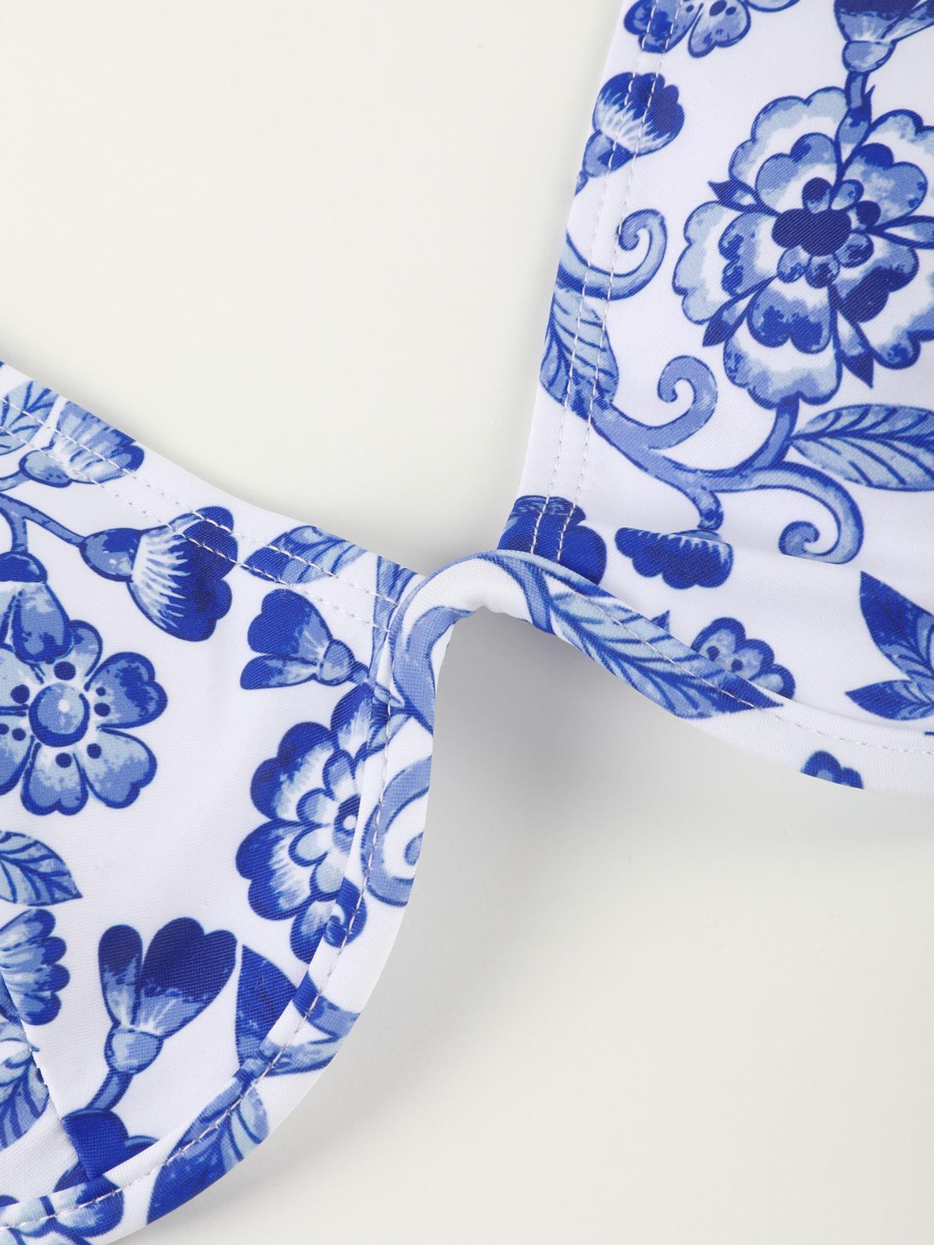 Women's 2pcs Floral Print Bikinis Set, Push Up Swim Bra & High Cut Swim Bottom, Fashion Chic Swimwear for Summer Beach Holiday Vacation, Push Up Swimsuit