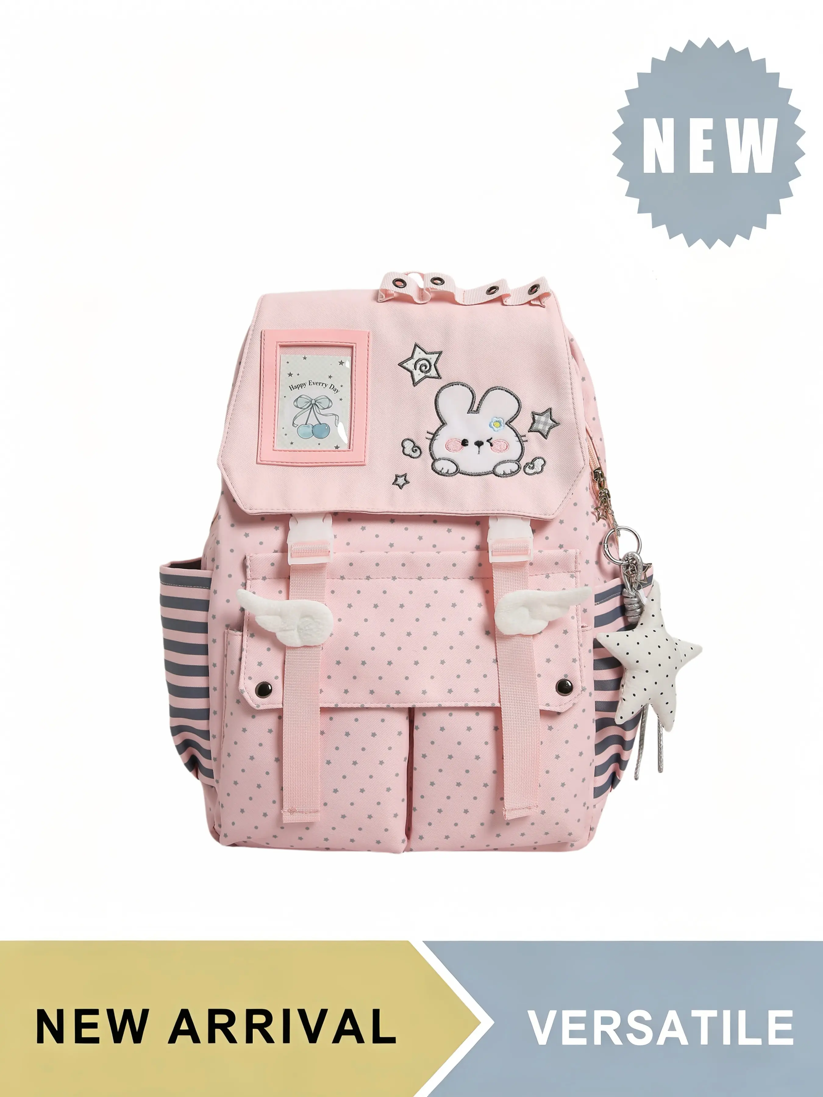 Kawaii Bunny Print Polka Dot Backpack, Versatile Backpack, Casual Backpack for Teen Girls, Cartoon School Daypack with Star Pendant & Wing Decor, Large Capacity Lightweight Bag for Hiking Travel Commute Daily Use, Adjustable Padded Straps, Multiple Colors