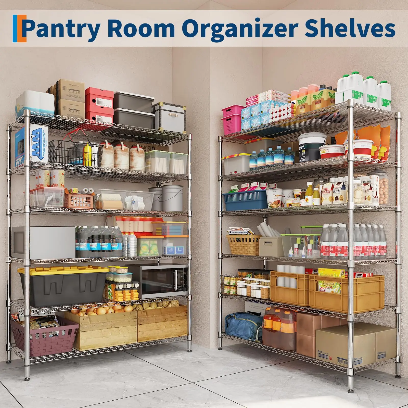 Garvee Heavy Duty Chrome Wire Shelving Unit – Adjustable 5 or 6-Tier Metal Storage Rack with 4" Wheels – 2000-2640 lbs Capacity – Mobile Utility Shelf for Kitchen, Garage, Pantry – 47.2"W x 17.7"D x 70.9"H