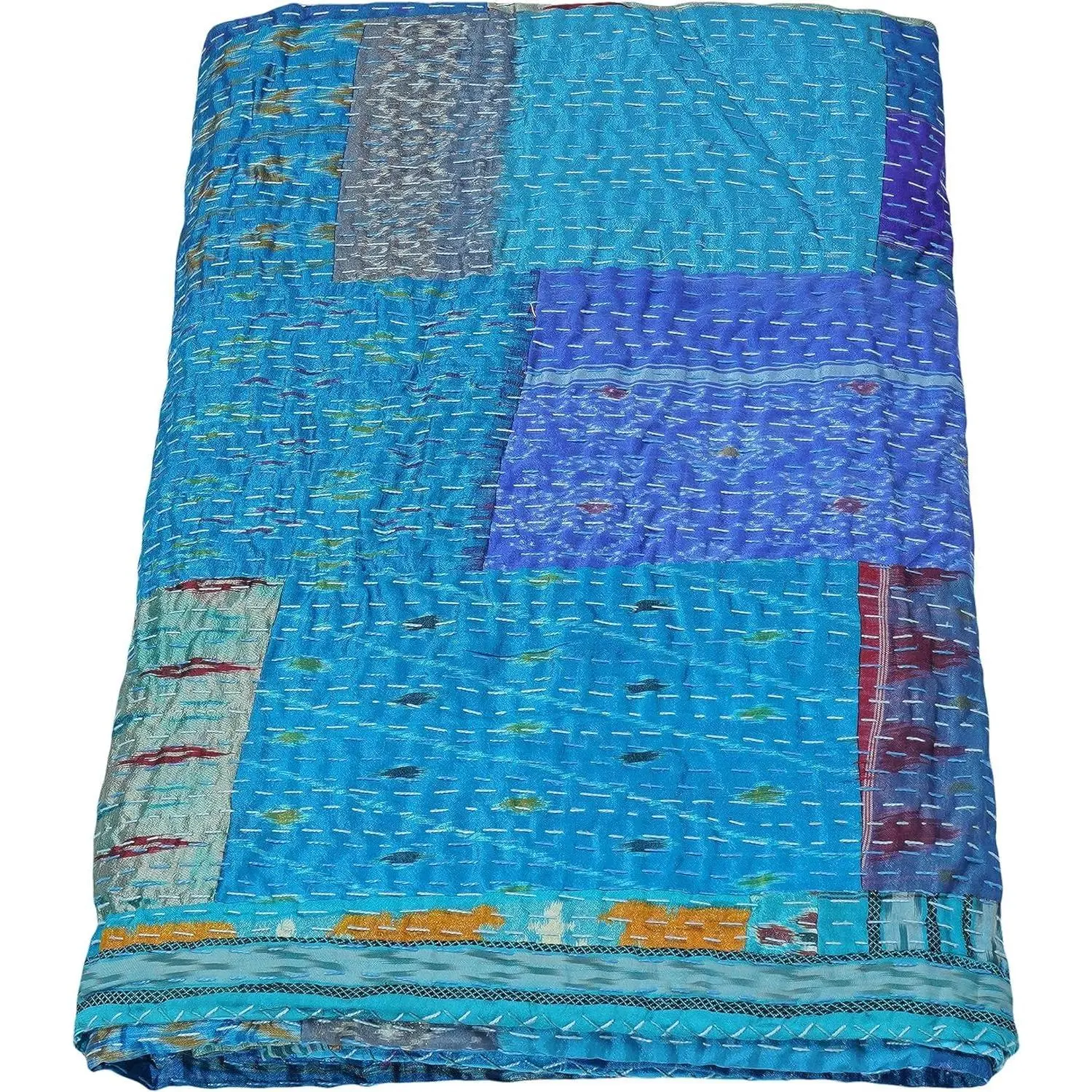 60"x40" Turquoise Silk Kantha Quilted Patchwork Bedspread - Boho Vintage Throw Blanket, Floral Cotton Accent, Dry Only, Perfect Gift for Bedding & Linens
