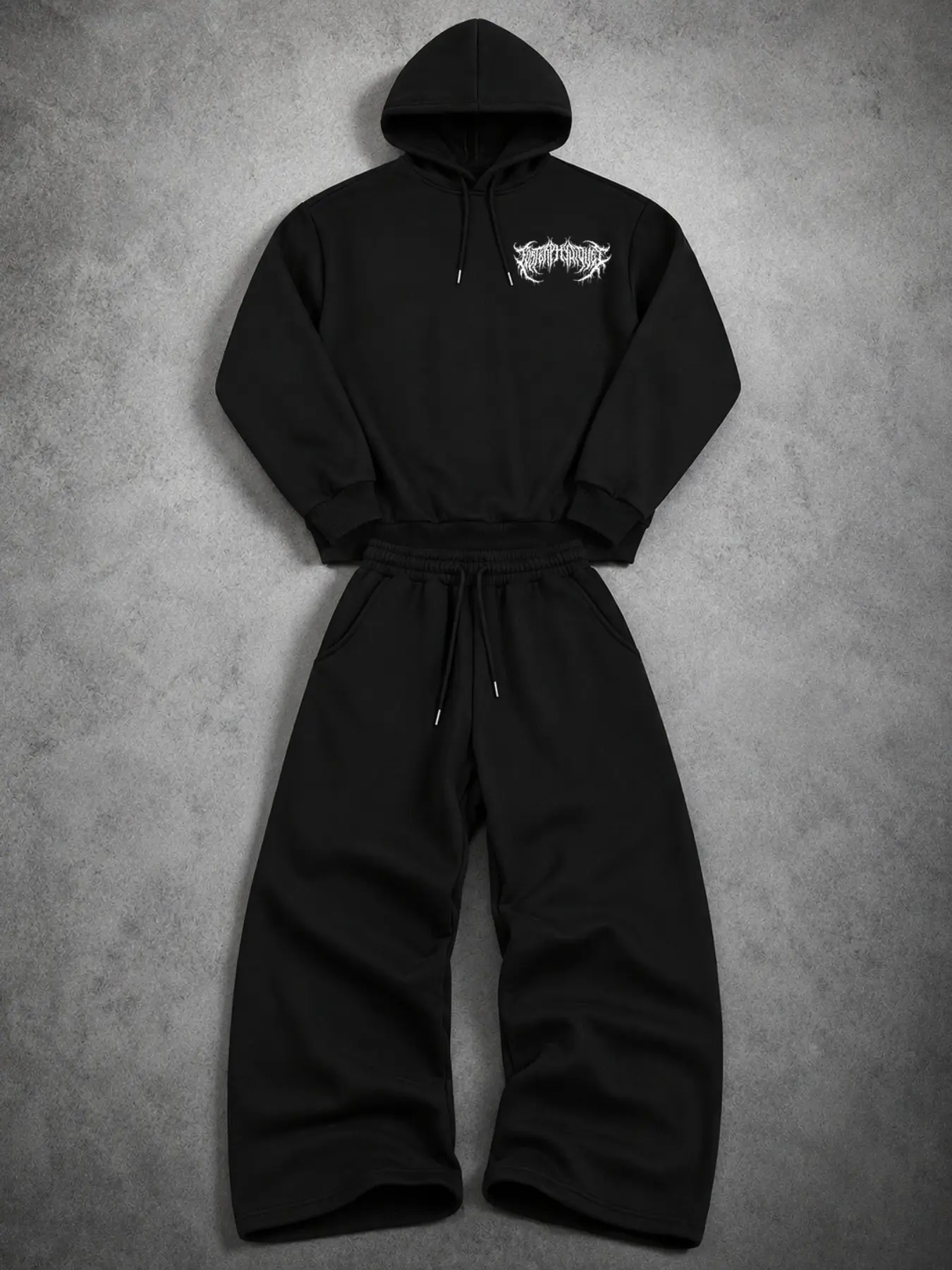 Y2K Alt Men Streetwear Matching 2 Piece Outfit Black Hooded Sweatshirt Oversized Wide Leg Joggers Gothic Thorn Demon Skull & Death Metal Letter Graphic Print Light Smooth Athletic Sweatsuit Comfort Loose Fit Elastic Waist Side Pocket Sweatpants Casual Gym