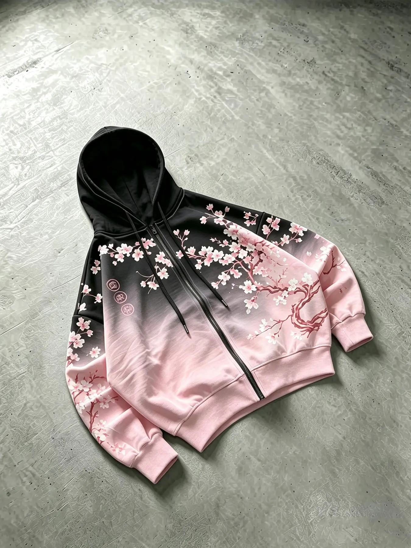 Japanese Sakura Floral Print Gradient Zip Up Hoodie Jacket, Unisex Cropped Long Sleeve Drawstring Hood Sweatshirt, Black Pink Ombre Cherry Blossom Graphic Outerwear, Kawaii Goth Asian Streetwear for Daily Casual Hangout Travel Outfits