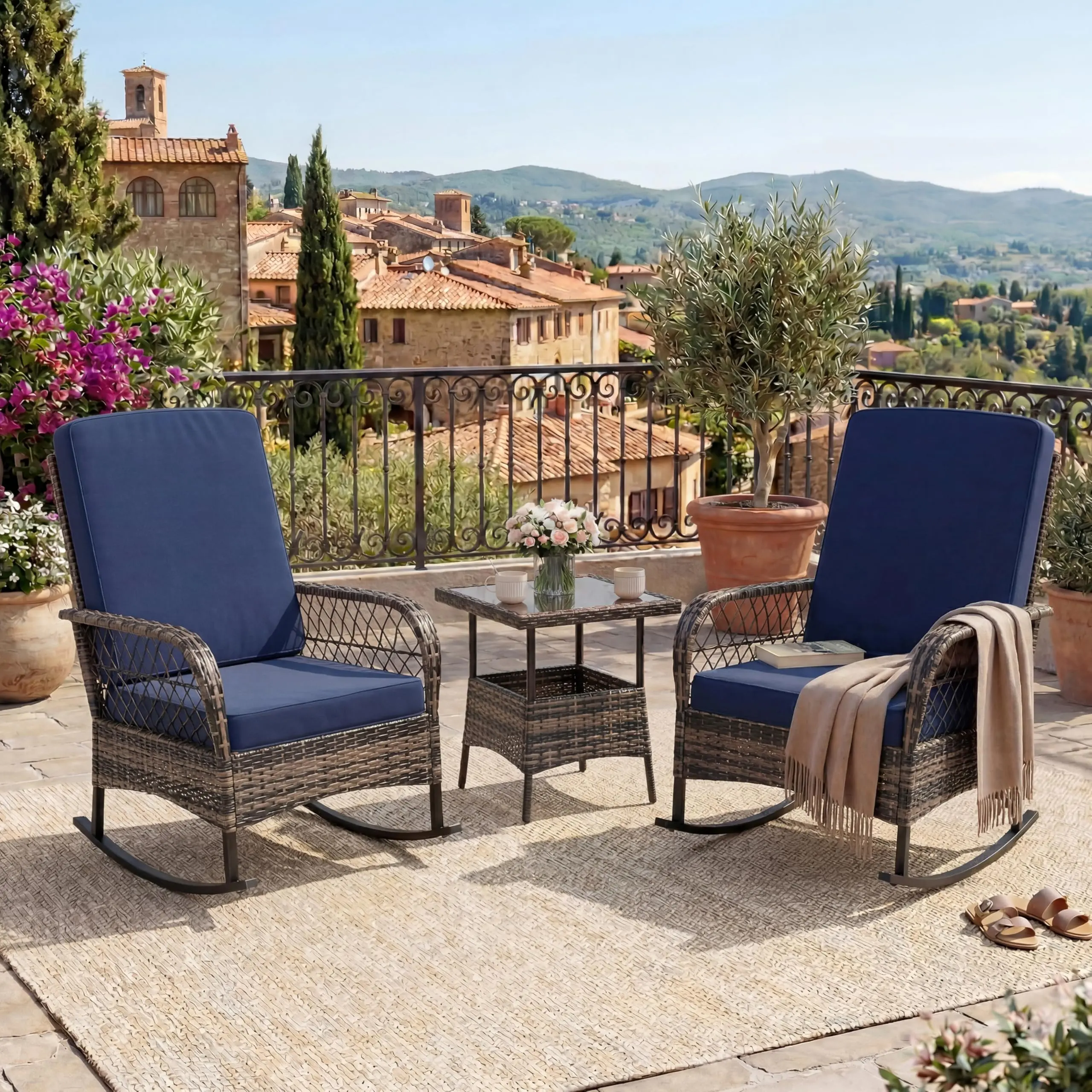 GARVEE 3-Piece Outdoor Rattan Rocking Chair Set, Outdoor Furniture with 2 Rocking Chairs, Thick Cushions and Side Table for Garden, Backyard