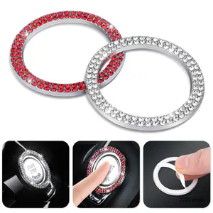 Women's Bling Crystal Rhinestone Car Engine Start-Stop Button Ring - Universal Ignition Key Knob Decor Sticker, Pink/Red/Silver Shiny Car Accessories