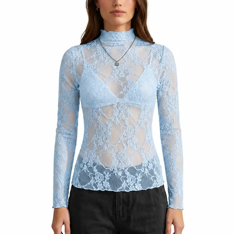 Women's Basic Fitted Curved Floral Lace Mesh Blouse - Long Sleeve, Light, Sheer Casual Layering Shirt for Festival Party