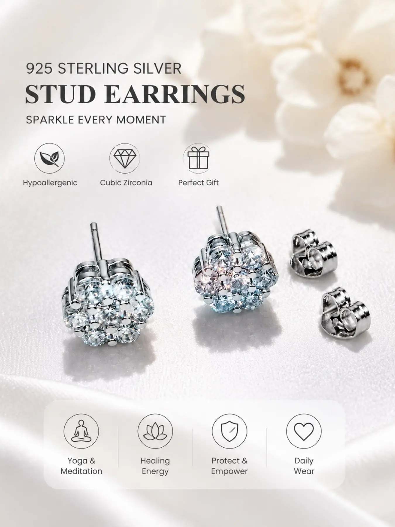 925 Sterling Silver Stud Earrings for Women, Hypoallergenic CZ Cluster Diamond Earrings, Cubic Zirconia Studs, Sparkly Square Halo Earrings Set with Butterfly Back, Fashion Wedding Jewelry Gift, Shining Earrings