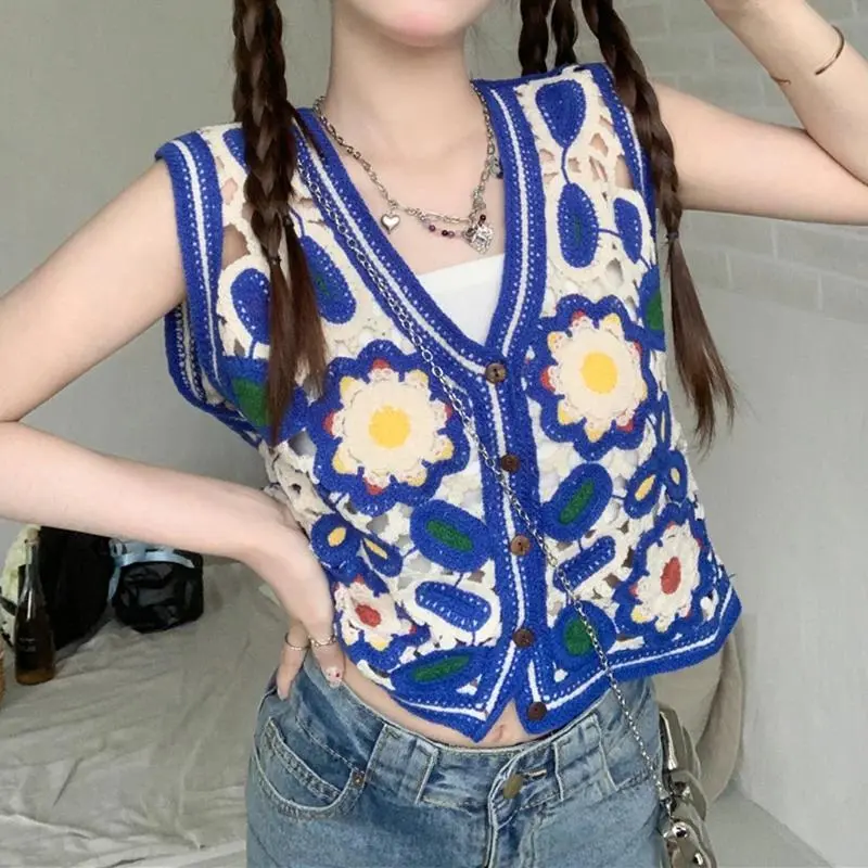 Floral Crochet Vest Top for Women Sleeveless Button Down Open-knit Sweater Vest blouse Summer Teen-girl Boho Vacation Outfit