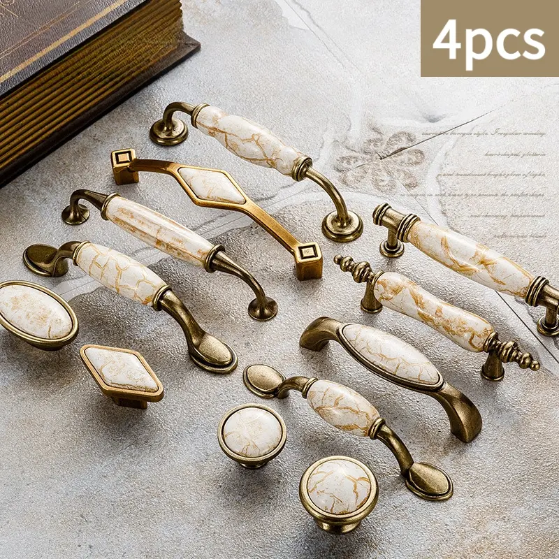 4pcs - European marble pattern cabinet ceramic zinc alloy handles, Cabinet Knobs; vintage single hole drawer and cabinet door handles; wardrobe door handles; multiple styles available, including screws.