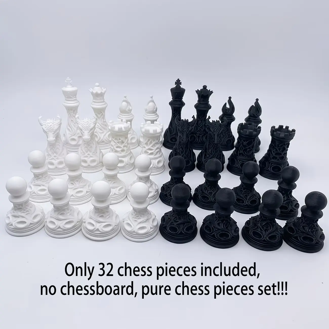 32pcs 3D Printed Plastic Gothic Revival Black And White Chess Set | Sci-Fi Celtic Woven Art Dragon Pattern - Matte Polymer Hollow Geometric Structure Tabletop Game, Ideal for Casual Play