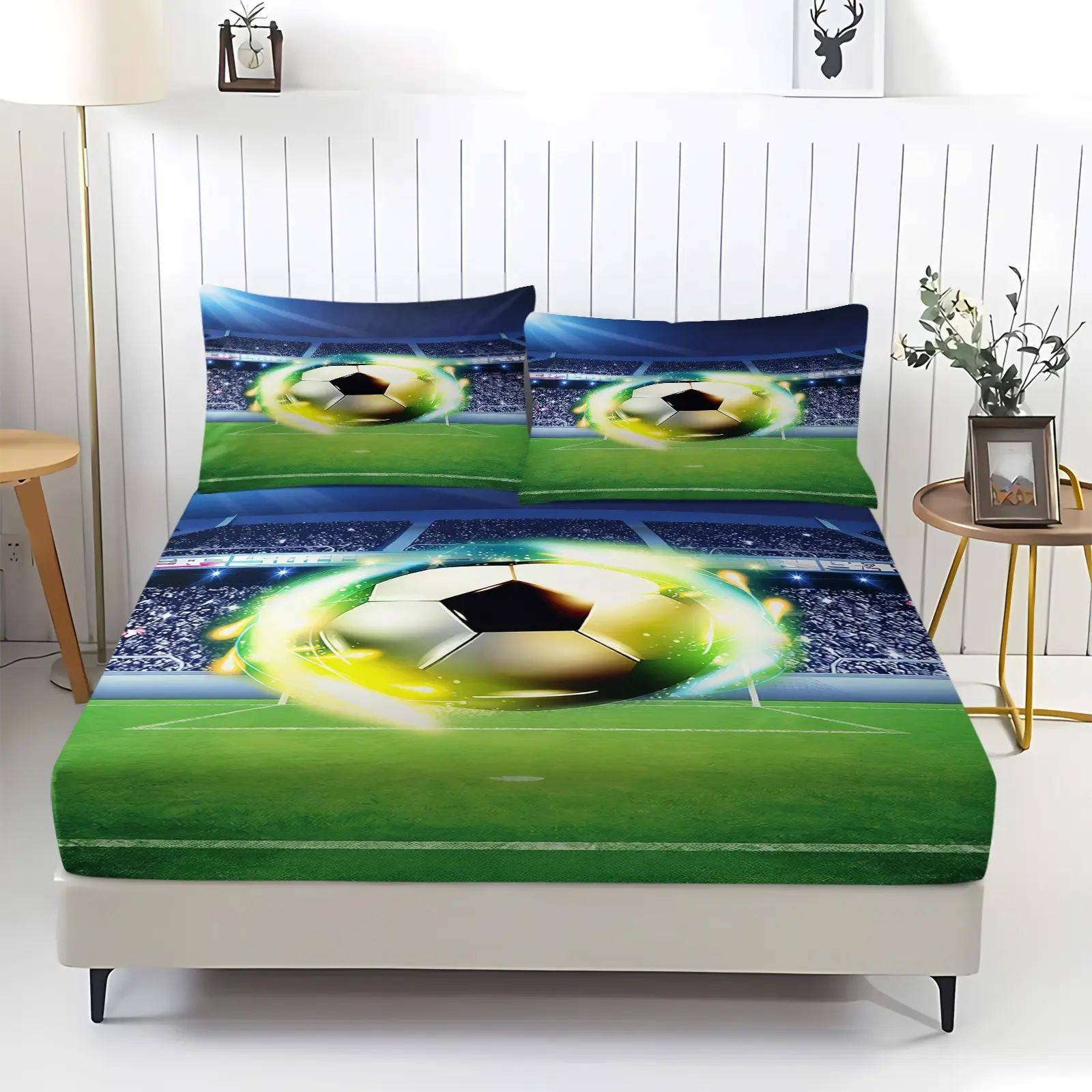 3 Piece Fitted Sheet Set - Sports Football Green Comfy Breathable & Cooling Sheets -Luxury Bed Sheets for Women & Men - Deep Pockets, Easy-Fit, Soft & Wrinkle Free Sheets, 1 Fitted Sheet and 2 Pillowcase