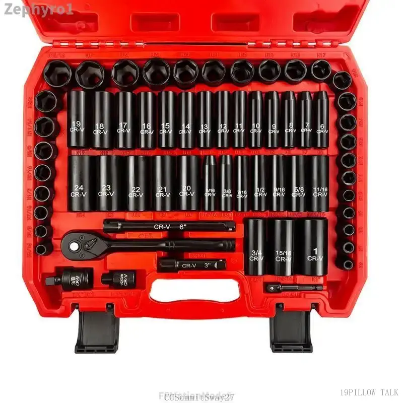 64-Piece 3/8" Drive Impact Sockets Set, SAE/Metric Deep & Shallow Socket Wrenches, Cr-V Steel 6-Point with Adapters, 72T Ratchet Handle, Extension Bars, Bit Adapter (6-24mm, 5/16-1 inch)19PILLOW TALK