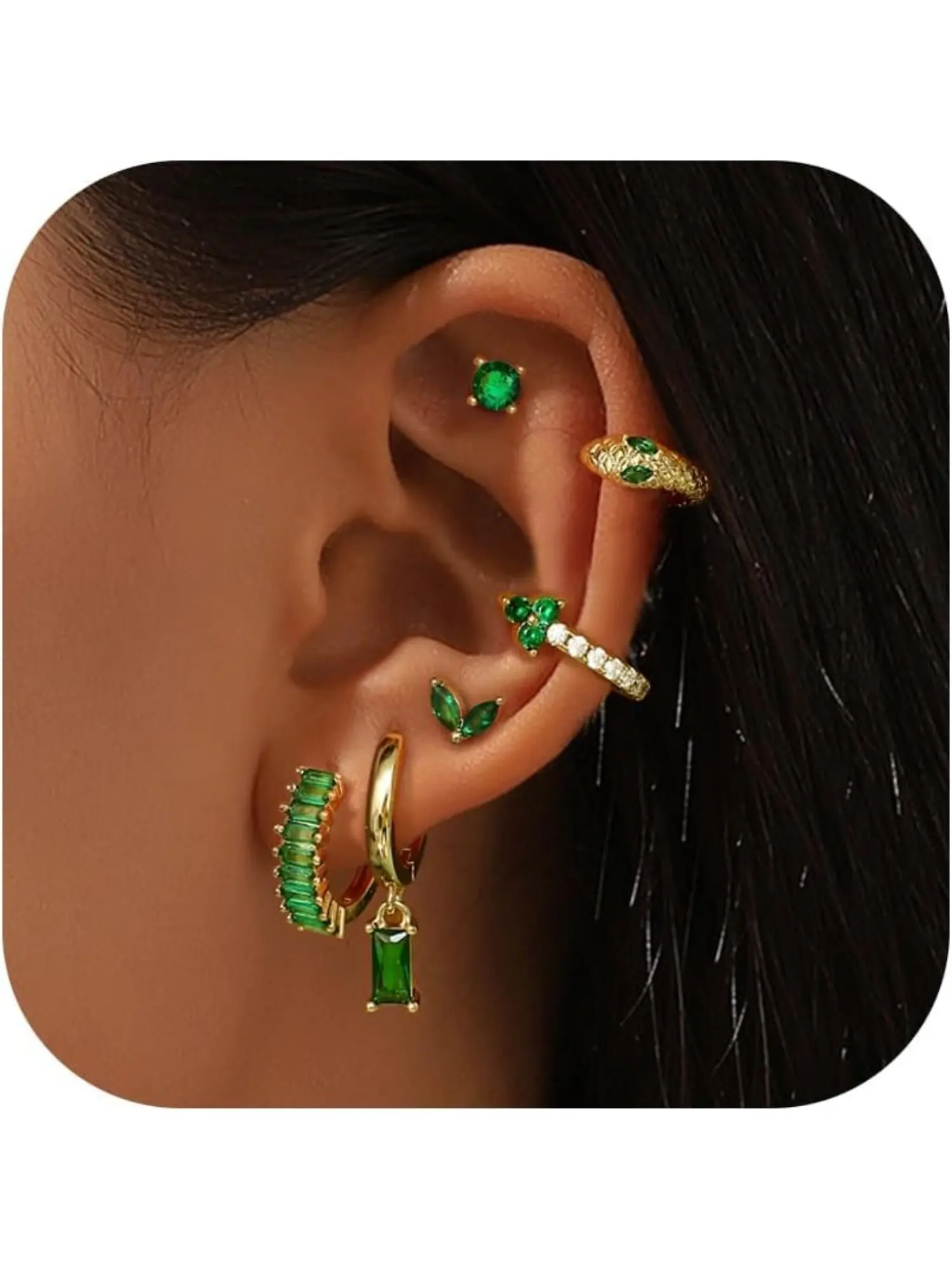 6 Pairs 14K Gold Emerald Green Hoop Earrings Set, Dainty Small Studs, Multiple Piercing