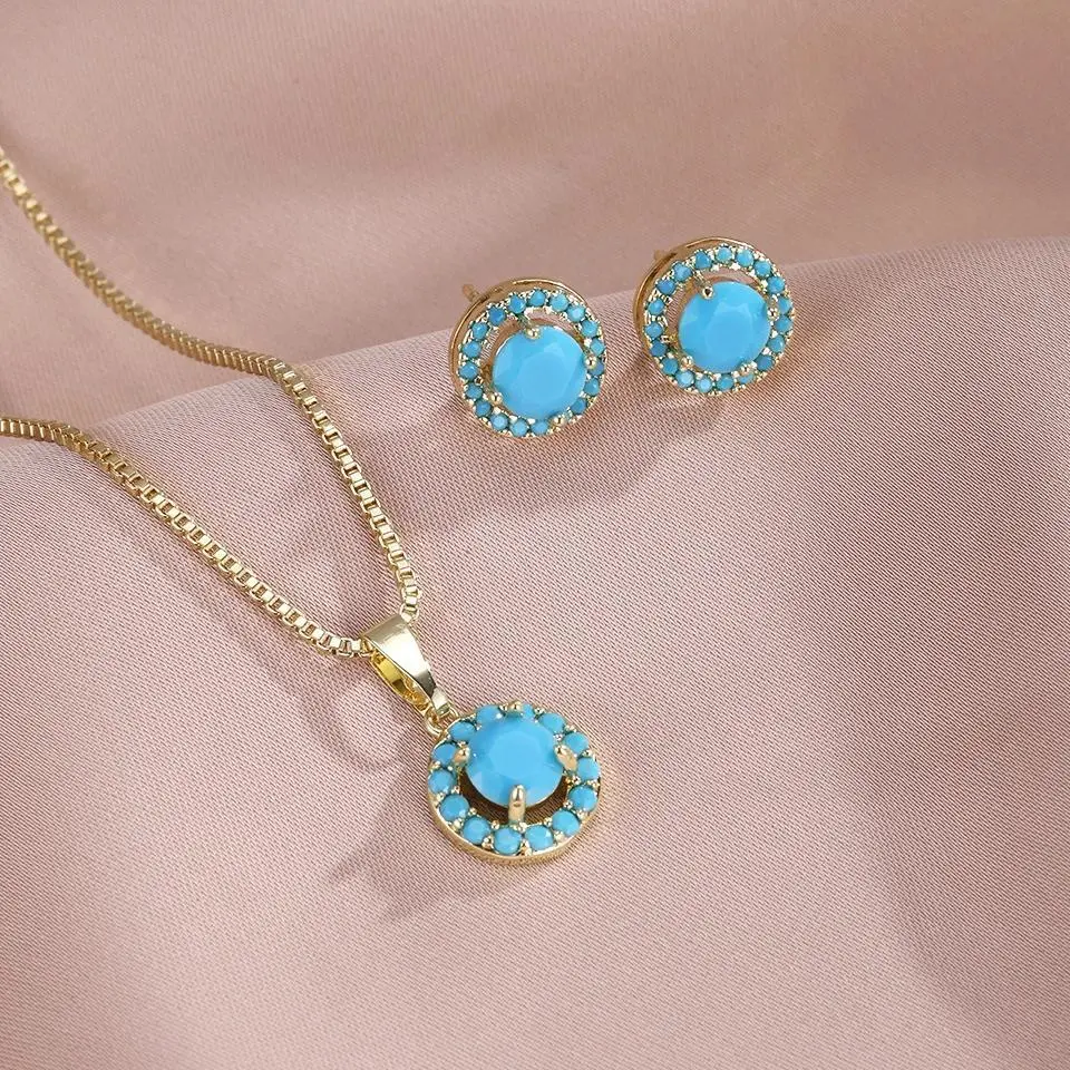 ZAKOL Creative Blue Turquoise Cubic Zirconia Round CZ Stud Earrings Necklace Set for Women Shiny Exquisite Jewelry Gifts
