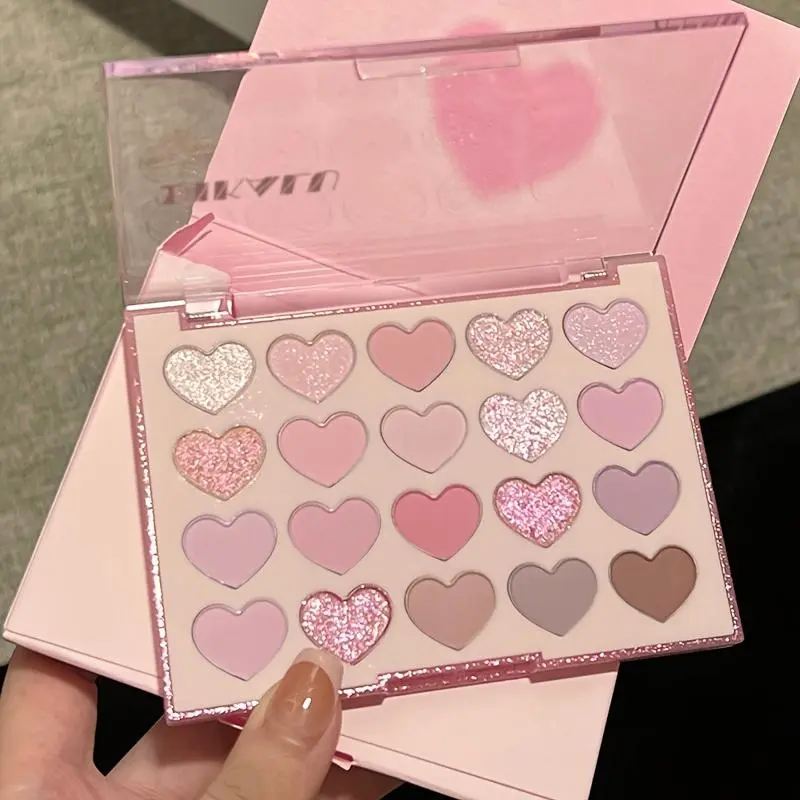 18 Colors Heart Shape Pink Eyeshadow Palette Matte & Sparkly Glitter High Pigmented Blendable Eye Makeup Kit Soft Neutral Tones for Beginners Glitter Eyeshadows Highly Pigmented Palette