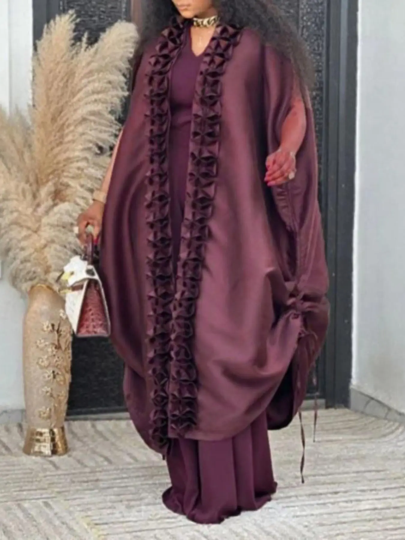 Women's African Style Elegant Two-Piece Set, Loose Ruffled Cape Dress with Round Neck Sleeveless Jumpsuit, Formal Wedding Party