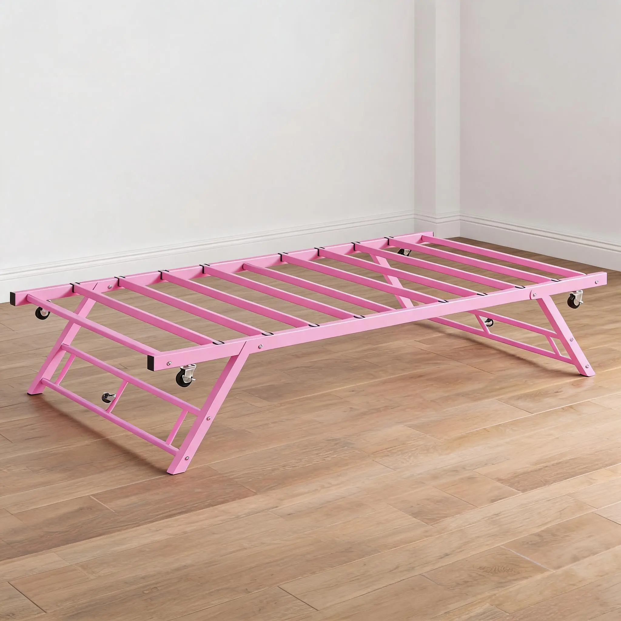 Space-Saving Twin Pop-Up Metal Trundle Bed, 400lb Heavy Duty Rollaway Daybed Frame with Lockable Casters, No Box Spring Needed, Pink
