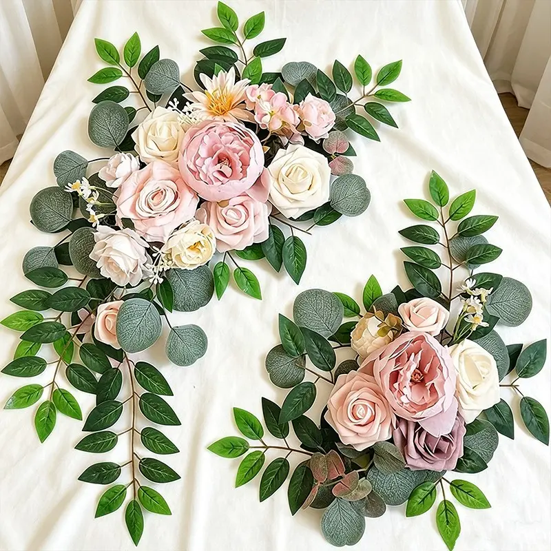 Nude Milk Tea Color Artificial Arch Corner Flowers, Soft Korean Style Eucalyptus Hanging Flower Art, Wedding Decorations, Decorative Faux Flowers