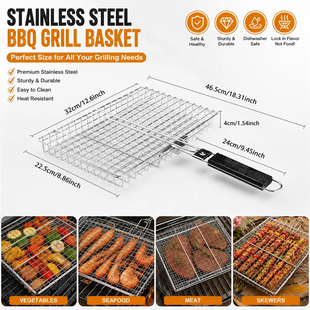 Stainless Steel BBQ Grill Rack with Handle, Portable Multi-Functional Grilling Basket for Fish, Meat, Corn, Chicken, Vegetables, Seafood