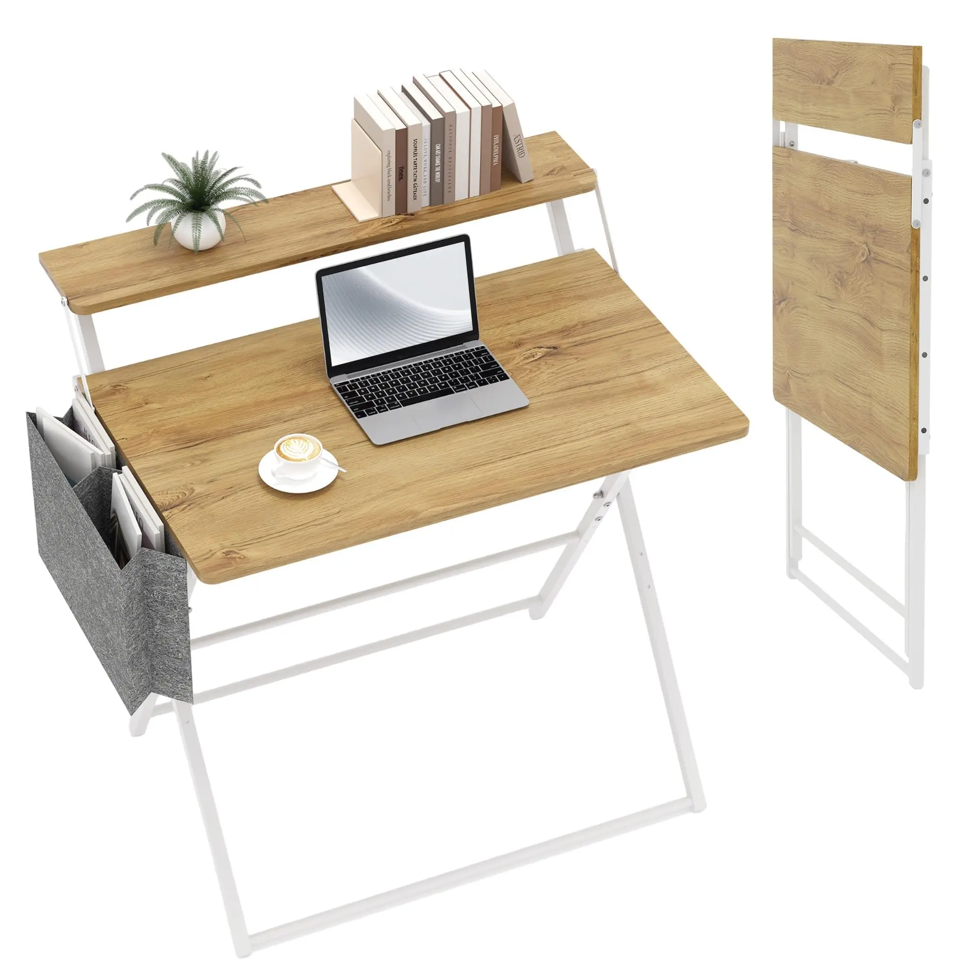 31.5" 2-Tier Collapsible Folding Office Desk with Shelf and Side Pocket - Portable, Space-Saving Laptop Table for Home Office Use (Foldable Desks & Workstations)