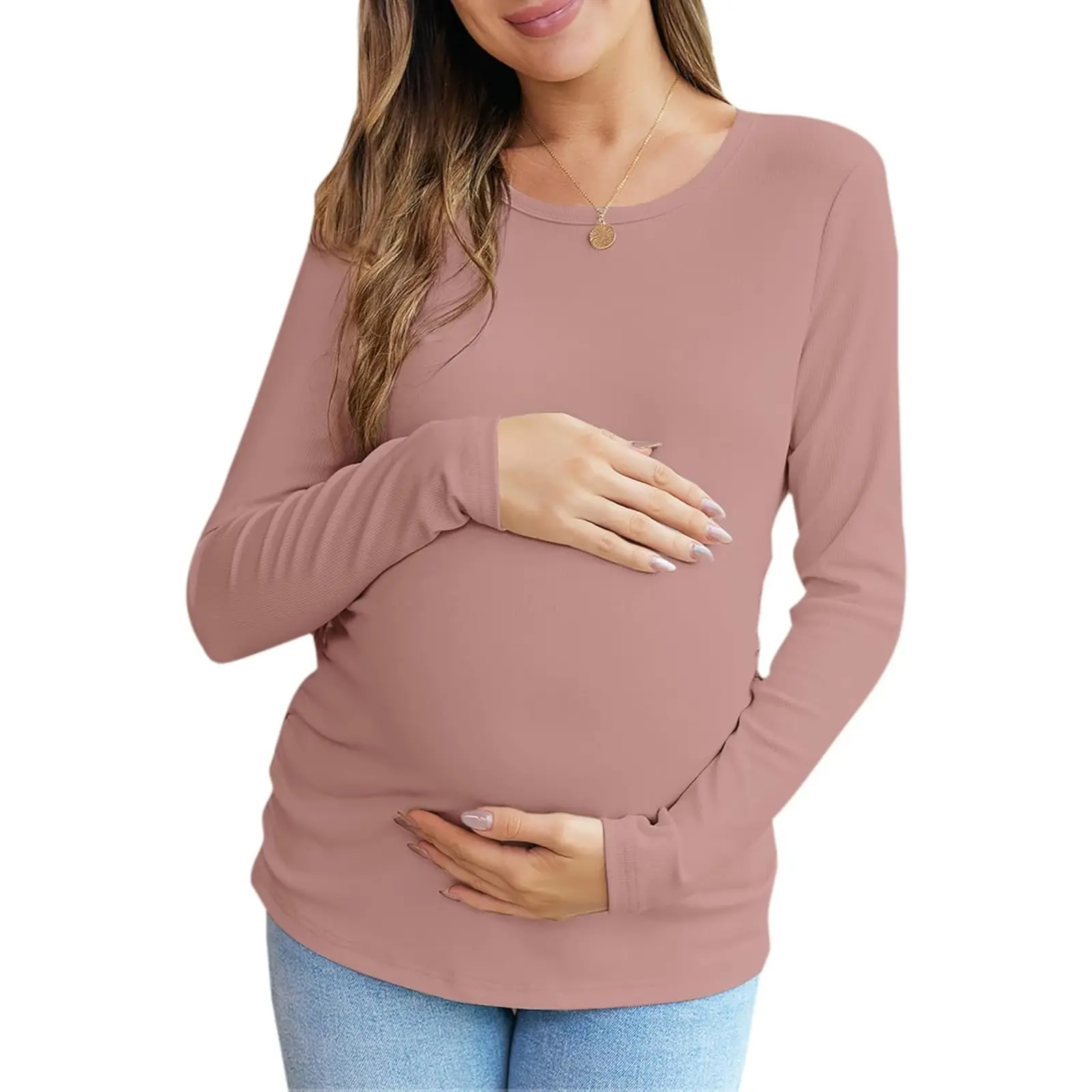 Yousify Women's Maternity Ribbed Polyester Fall Blouse - Long Sleeve Crew Neck, Slim Fit, Breathable Stretch, Side Ruching, Casual Cute Solid Plain Pregnancy Top