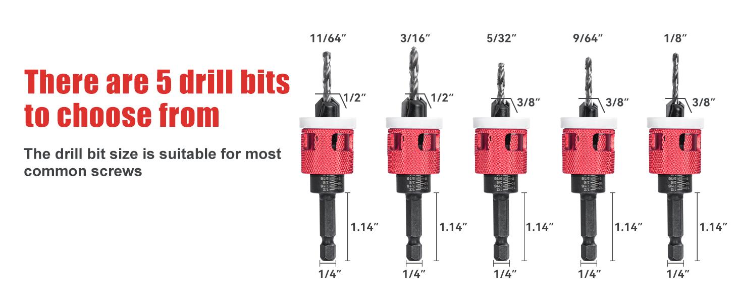 5 Pcs HSS M2 Countersink Drill Bit Set with Low Friction Depth Stop, Tapered Head 1/8" 9/64" 5/32" Drill + 3/8" 82° Counter-Bore, 11/64" 3/16" Drill + 1/2" 82° Counter Bore, 1/4" Hex Shank (Red)
