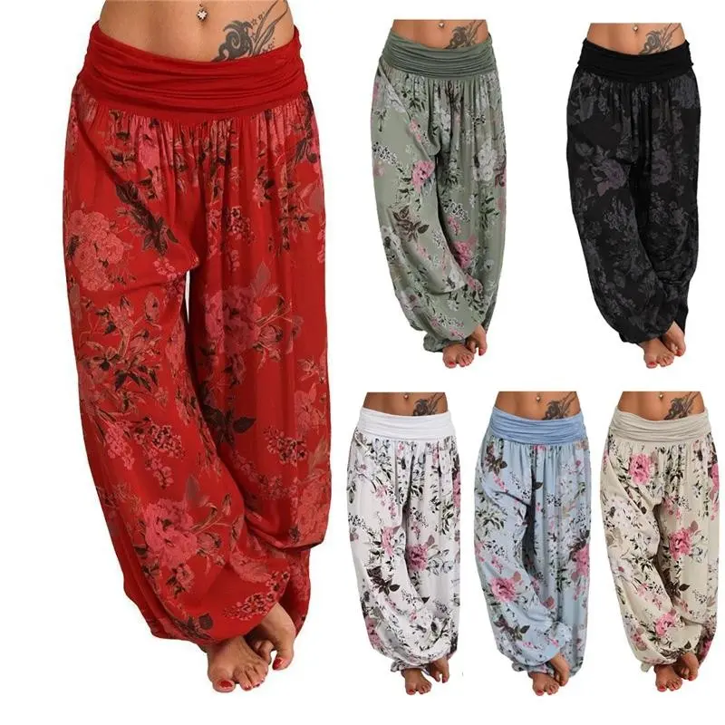 Women Loose Casual Harem Pant Floral Print Holiday Yoga Pants Cotton Fit Trouser Womenswear Bottom Check Fashion Fitness