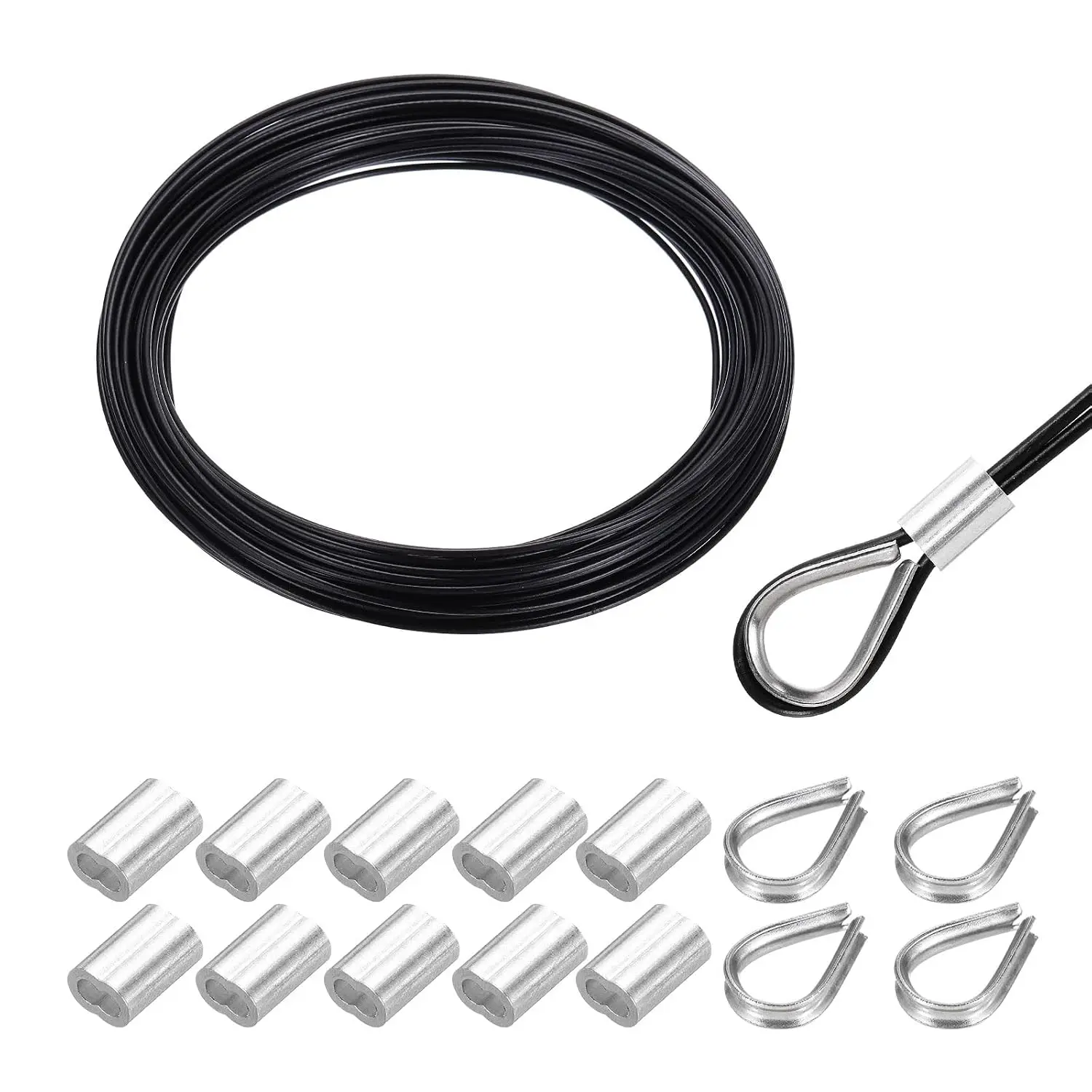66FT Stainless Steel  Railing Kit, 1/16" Vinyl Coated 7x7 Strand Wire Rope with Loop Sleeves and Thimbles for Outdoor Deck Fence Wire & String Light,Picture ,Black