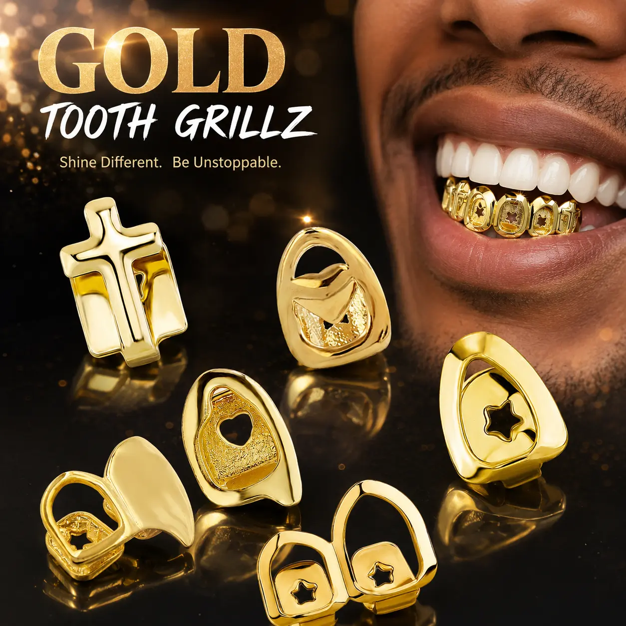 Men's 14K Plated Hip Hop Gold Grillz & Earrings Set - Rhinestone Teeth Caps, Star/Heart/Cross Tooth Accessories, Party & Cosplay Costume Body Jewelry Lightweight Silicone