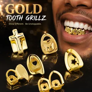 Hip Hop Gold Grillz for Men & Women, Rhinestone Teeth Cap, Star, Heart & Cross Tooth Accessories,Gold Tooth Cap & Earrings Set, 14K Plated Hip Hop Teeth Grillz, Party & Cosplay Accessories