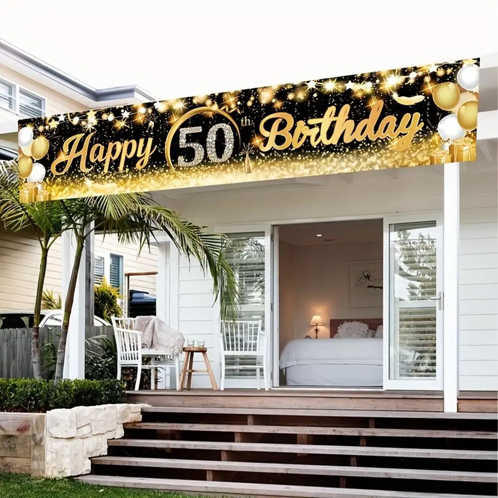 2D Flat Polyester Decorative Photography Backdrop Banner Cloth - HD-Printed Black Gold Glitter Design for 50th Birthday Party Decor, Soft Lightweight Foldable Photo Booth Supply for Indoor & Outdoor Use