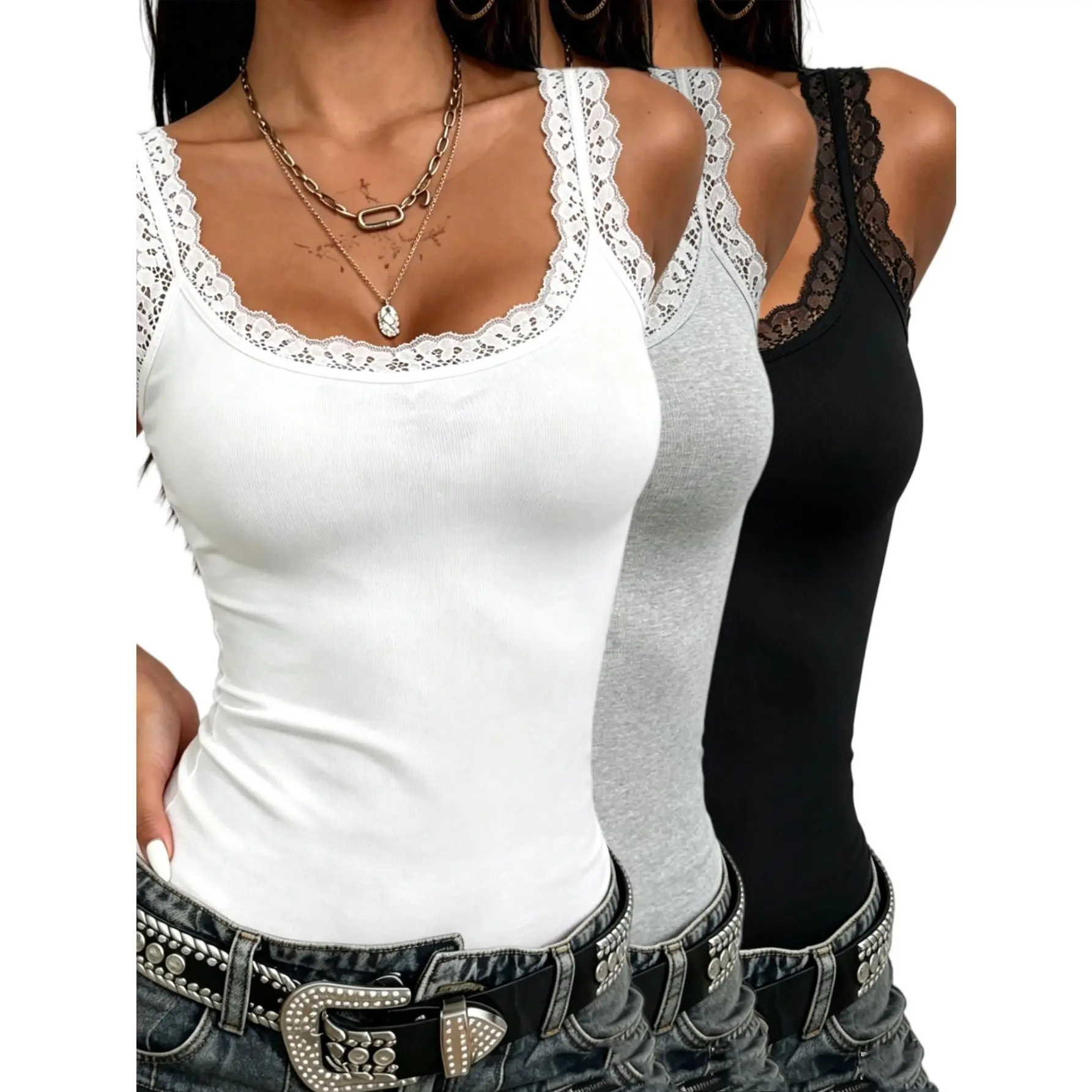 Women's 3-Pack Lace Trim Sleeveless Camisole Tops - Comfortable, Breathable, Feminine Basic Undershirts, Korean Style Layering Essentials for Outfits, Denim, Jackets, Blazer, Sweaters & Pajamas (Neutral Shades: Black, White, Gray), Minimalist, Soft, Casua