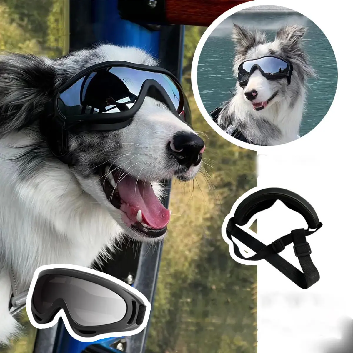 Dog Sunglasses Dog Goggles, UV Wind Dust Fog Protection Pet Glasses Eye Wear with Adjustable Strap for Small Breed Medium or Large Size, Teddy French Bulldog Corgi, Ideal for Photography & Outdoor Use
