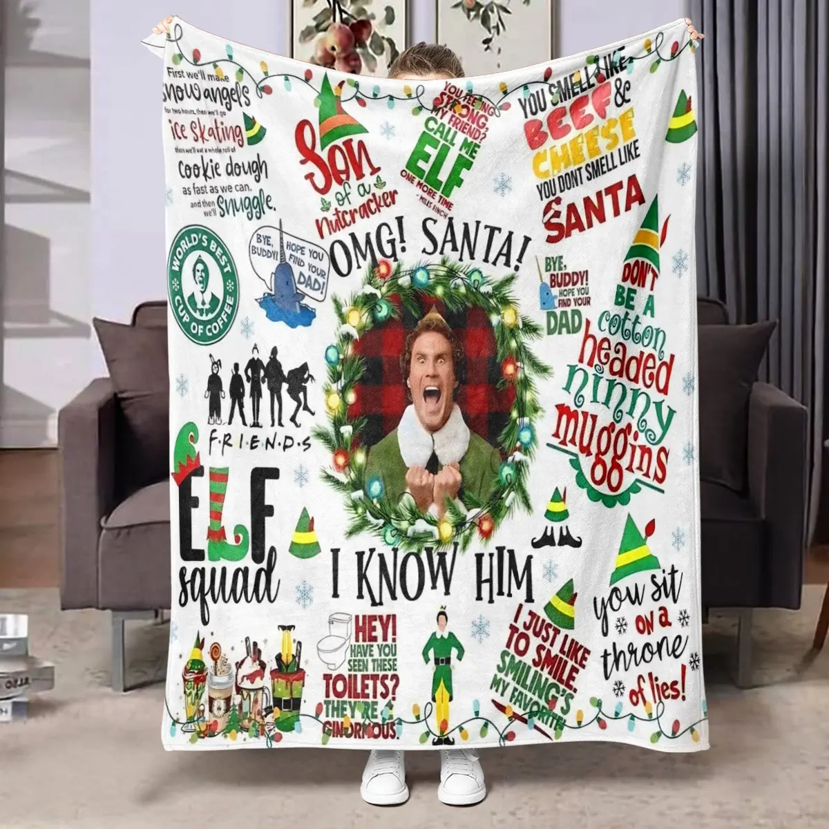 1pc White Background Christmas Elf Comedy Movie Holiday Themed Fleece Blanket, Funny Blankets, full print elf lead character portrait, colorful Christmas string lights, striped elf pointed hats, funny movie quote text, pine Christmas wreath