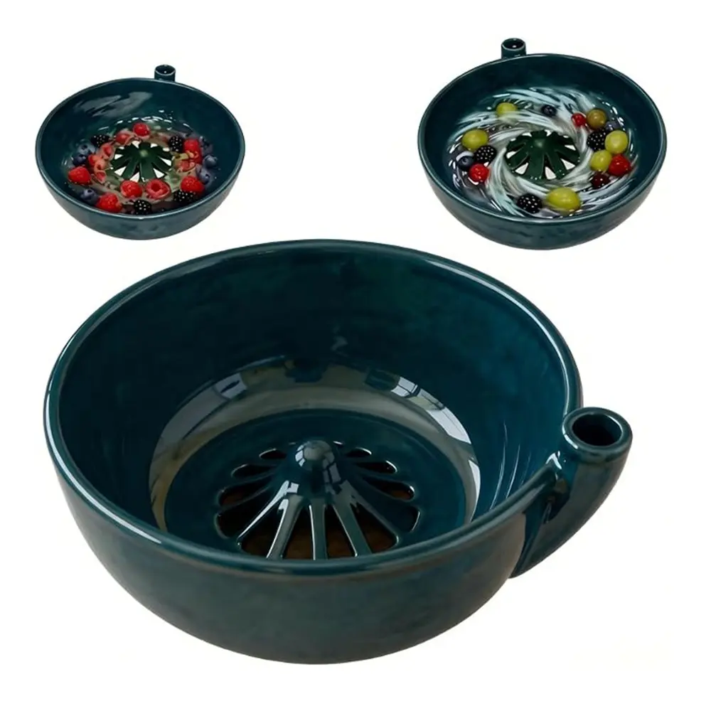 Self-Rotating Ceramic Fruit and Vegetable Washing Bowl, Handmade Ceramic with Drain Hole, Quick Draining, Ideal for Home and Outdoor Camping