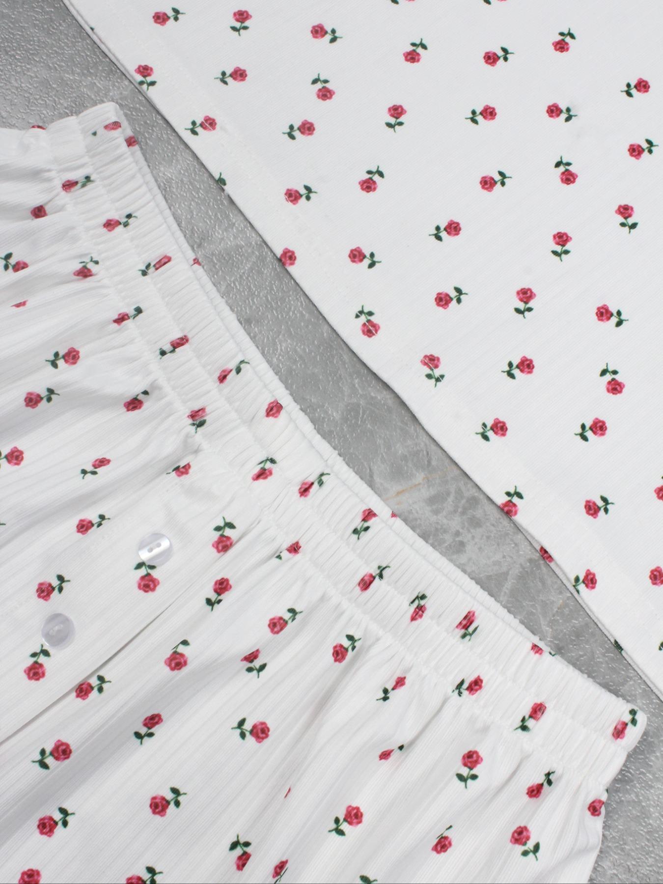 Women's Floral Print Crop Top & Shorts Cute Loungewear Two-Piece Set, Casual Comfy Short Sleeve T-Shirt & Shorts PJ Set, Ladies Summer Sleepwear, Pajama